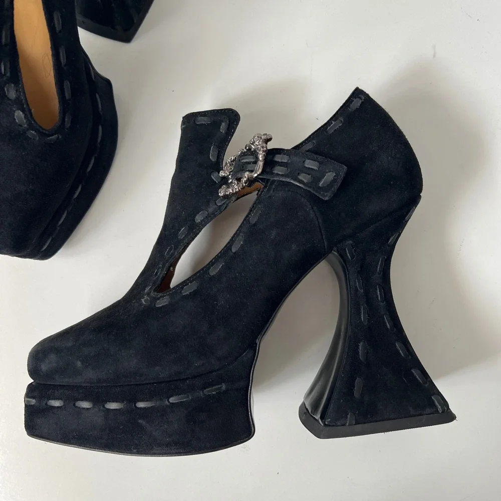 John Fluevog Mega Munster Clique Platform T-strap Heels Gothic Pumps Black Suede